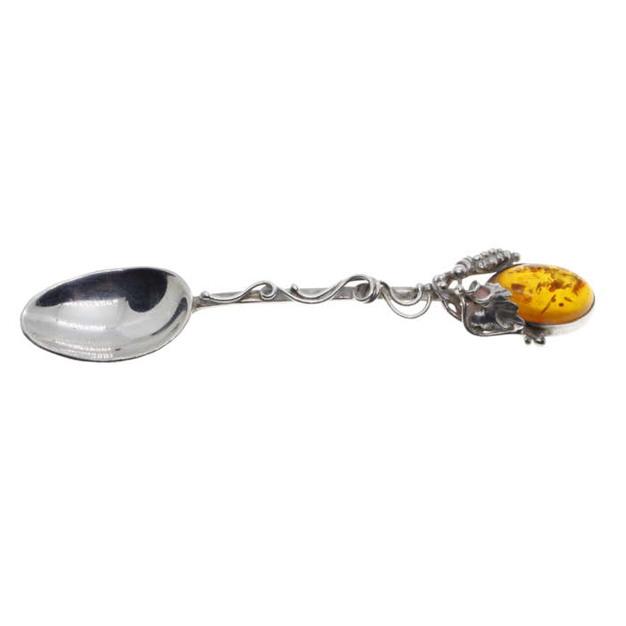 Antique - 925 Silver Jam Spoon stamped AD. Twisted Stem grapes/leaves with large Amber Stone - ML...