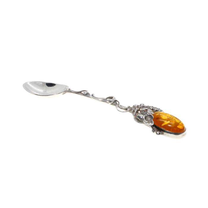 Antique - 925 Silver Jam Spoon stamped AD. Twisted Stem grapes/leaves with large Amber Stone - ML...