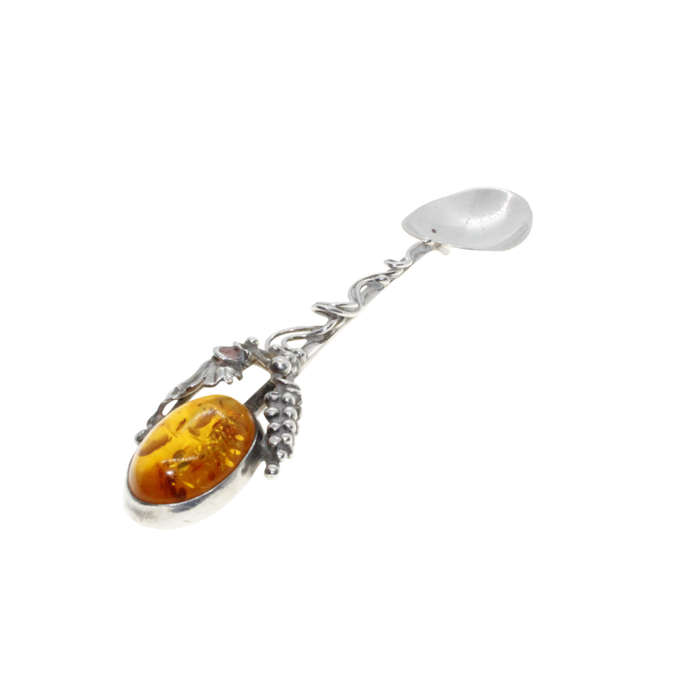 Antique - 925 Silver Jam Spoon stamped AD. Twisted Stem grapes/leaves with large Amber Stone - ML...