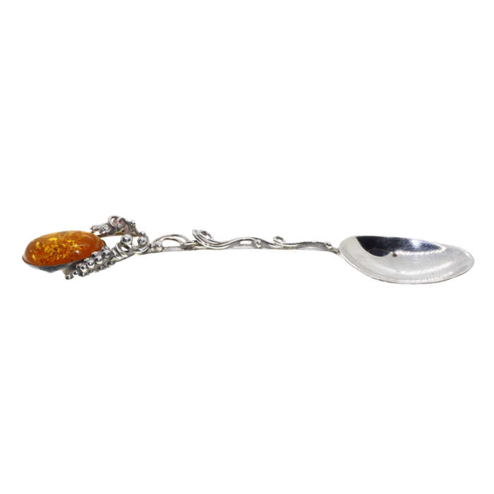 Antique - 925 Silver Jam Spoon stamped AD. Twisted Stem grapes/leaves with large Amber Stone - ML...