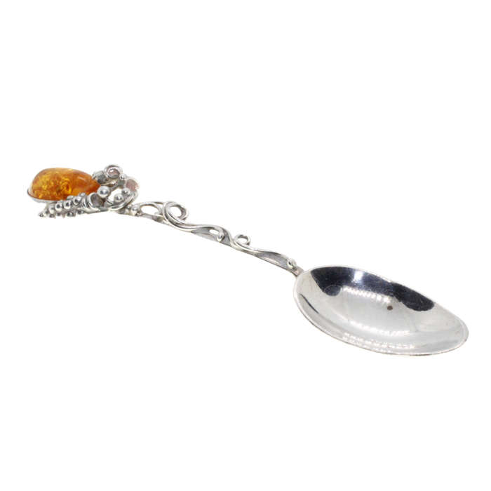 Antique - 925 Silver Jam Spoon stamped AD. Twisted Stem grapes/leaves with large Amber Stone - ML...