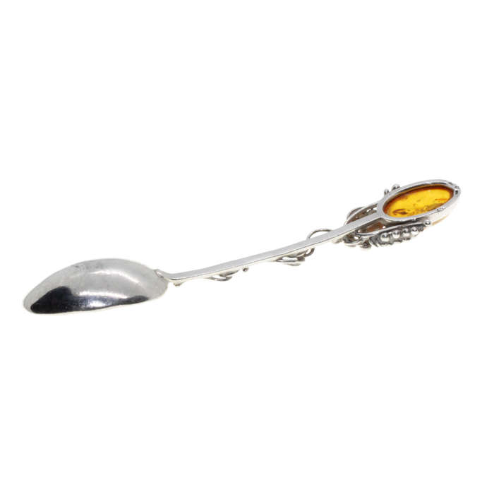 Antique - 925 Silver Jam Spoon stamped AD. Twisted Stem grapes/leaves with large Amber Stone - ML...