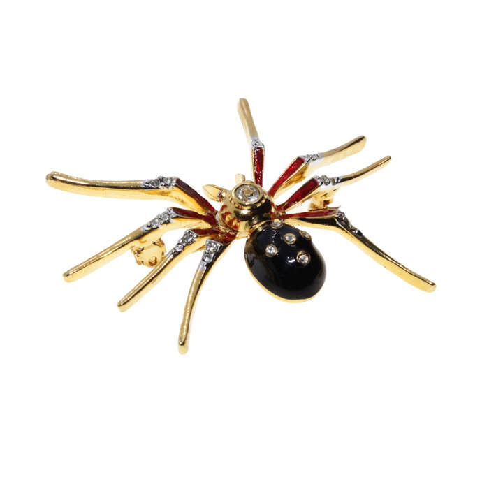 Brooch - Gold Tone Red, Black Spider. Body Detailed in Diamantes. Pierre Cardin Logo Stamped - ML...