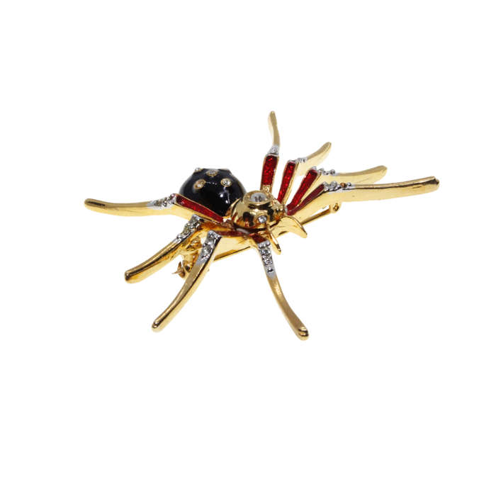 Brooch - Gold Tone Red, Black Spider. Body Detailed in Diamantes. Pierre Cardin Logo Stamped - ML...