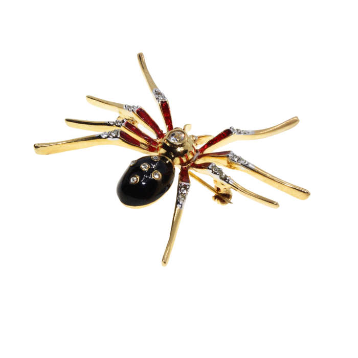 Brooch - Gold Tone Red, Black Spider. Body Detailed in Diamantes. Pierre Cardin Logo Stamped - ML...