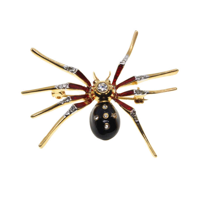 Brooch - Gold Tone Red, Black Spider. Body Detailed in Diamantes. Pierre Cardin Logo Stamped - ML...