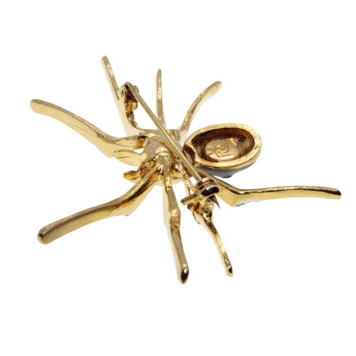 Brooch - Gold Tone Red, Black Spider. Body Detailed in Diamantes. Pierre Cardin Logo Stamped - ML...