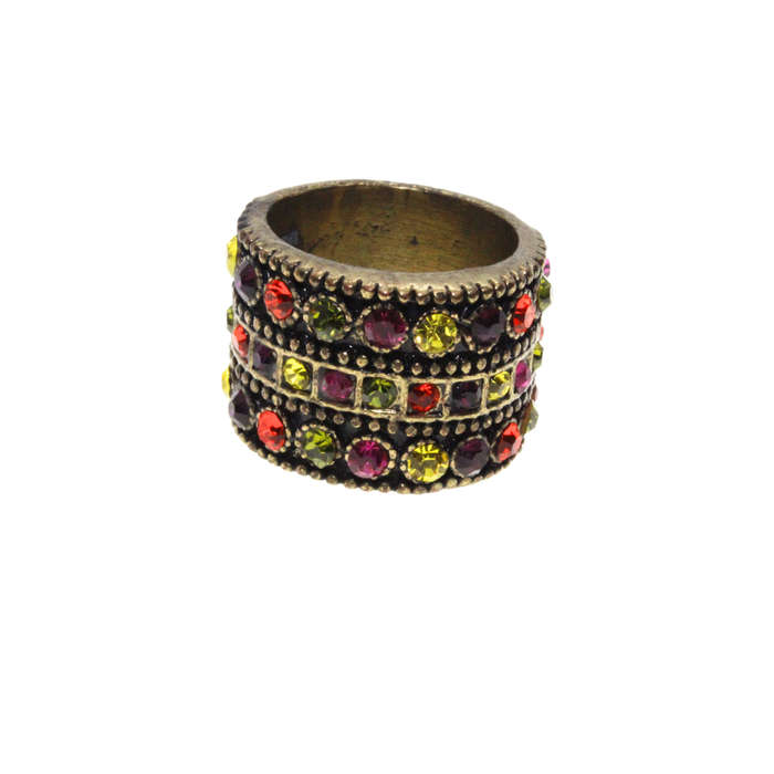 Ring - Gold/Brass Tone Chunky Band. Covered in Multi-Colour Rhinestones. Slightly Tarnished - ML3103