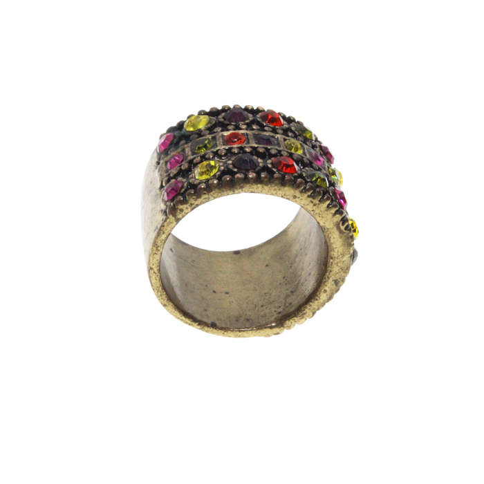Ring - Gold/Brass Tone Chunky Band. Covered in Multi-Colour Rhinestones. Slightly Tarnished - ML3103