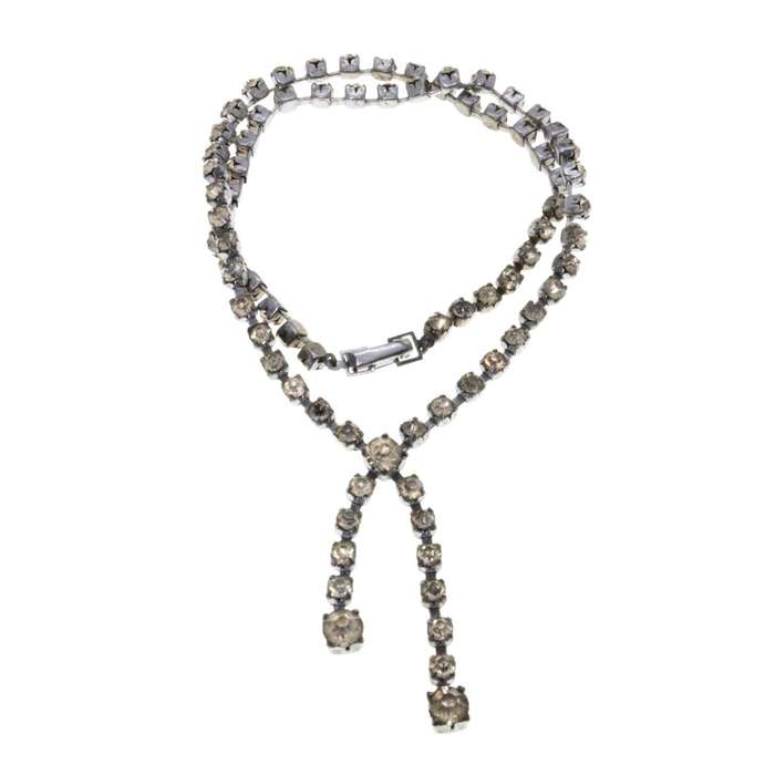 Necklace -  Silver Tone Paste Necklace. 2 pieces splitting of with larger Stones on Ends - ML1760B