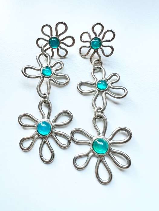 Earrings - Vintage 3 Tier Drop Earrings. For Pierced Ears. Silver Tone Flowers with Turquoise Gla...
