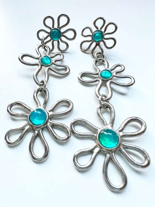 Earrings - Vintage 3 Tier Drop Earrings. For Pierced Ears. Silver Tone Flowers with Turquoise Gla...
