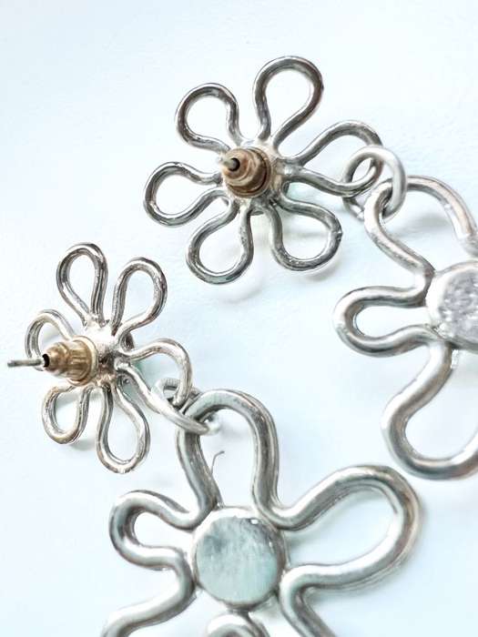 Earrings - Vintage 3 Tier Drop Earrings. For Pierced Ears. Silver Tone Flowers with Turquoise Gla...