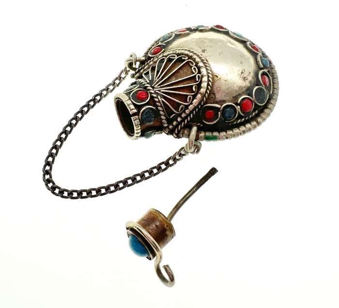 Perfume Bottle - Vintage Perfume Bottle with Small Red and Blue Stones.1 Stone missing - ML2036