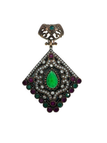 Pendant - Vintage 925 Silver Pendant with Lab Grown Emerald, Lab Grown Rubies and Crystals - ML2126
