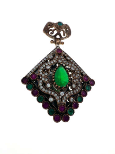 Pendant - Vintage 925 Silver Pendant with Lab Grown Emerald, Lab Grown Rubies and Crystals - ML2126