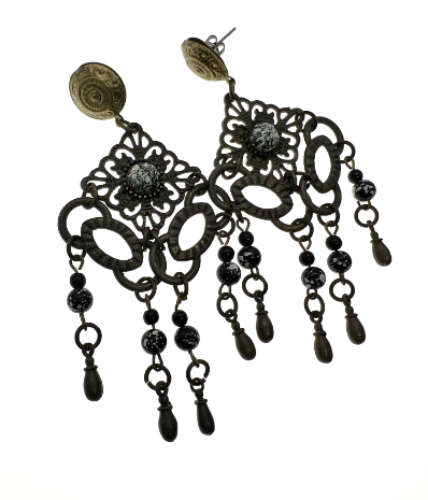 Earrings - Metal Tone Dangle Earrings with Black and Copper Tone Beads - ML2165