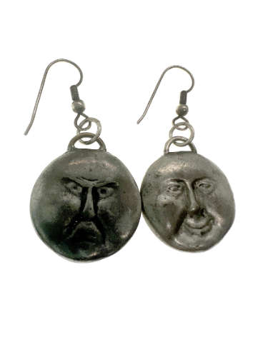 Earrings - Vintage Moon Face Earrings. Double Sided (Happy and Angry) Silver Tone - ML2186