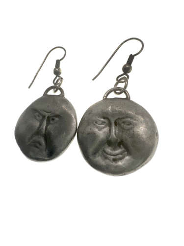 Earrings - Vintage Moon Face Earrings. Double Sided (Happy and Angry) Silver Tone - ML2186