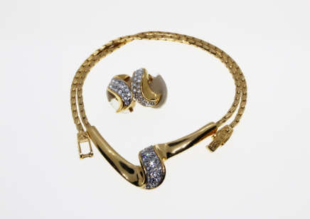 Set - Vintage Gold Tone Choker Necklace and Earrings Stamped A&S with Diamantes - ML2252