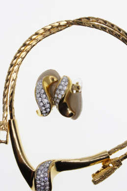 Set - Vintage Gold Tone Choker Necklace and Earrings Stamped A&S with Diamantes - ML2252