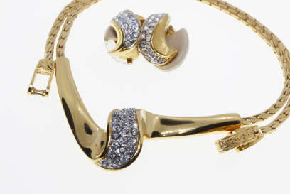 Set - Vintage Gold Tone Choker Necklace and Earrings Stamped A&S with Diamantes - ML2252