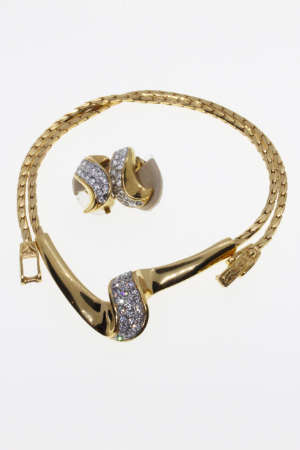 Set - Vintage Gold Tone Choker Necklace and Earrings Stamped A&S with Diamantes - ML2252
