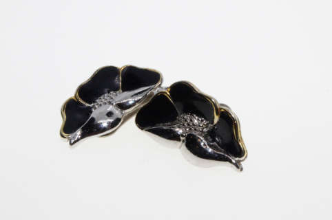 Earrings - Vintage Black Enamel Silver Tone Filigree Floral Earrings - ML2272