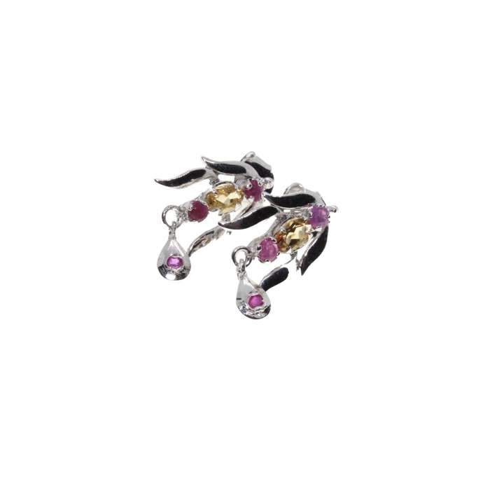 Earrings - Silver Tone Long Leaf Design with Purple & Orange Rhinestones. Pierced Ears - ML3124