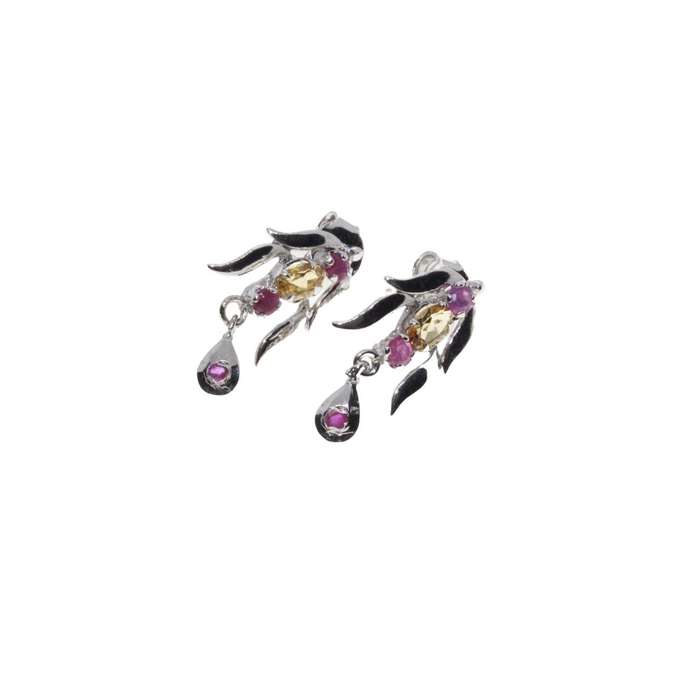 Earrings - Silver Tone Long Leaf Design with Purple & Orange Rhinestones. Pierced Ears - ML3124