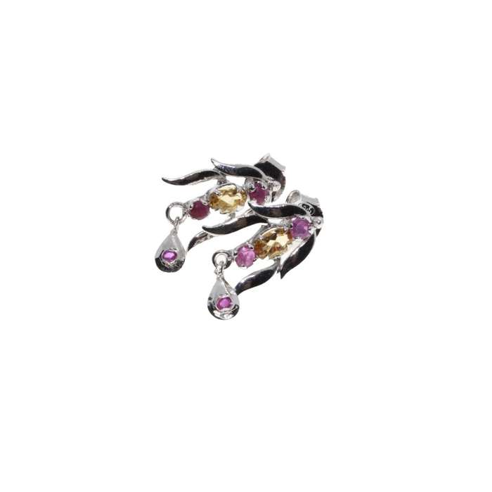 Earrings - Silver Tone Long Leaf Design with Purple & Orange Rhinestones. Pierced Ears - ML3124