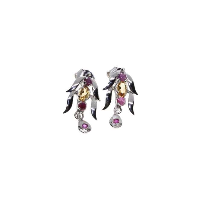 Earrings - Silver Tone Long Leaf Design with Purple & Orange Rhinestones. Pierced Ears - ML3124