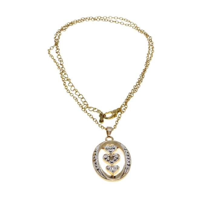 Necklace - Gold Tone Dainty Fashion Necklace. Oval Pendant with 3 Hearts - ML3125
