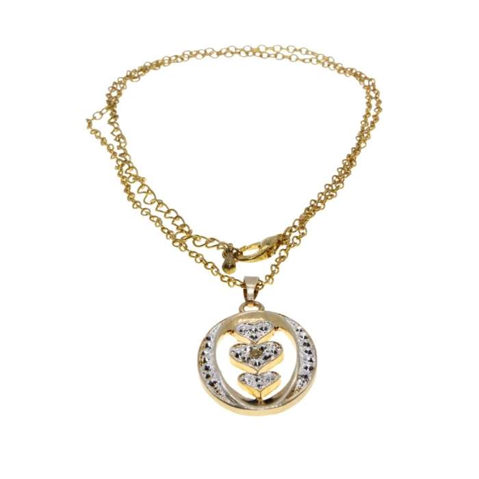 Necklace - Gold Tone Dainty Fashion Necklace. Oval Pendant with 3 Hearts - ML3125