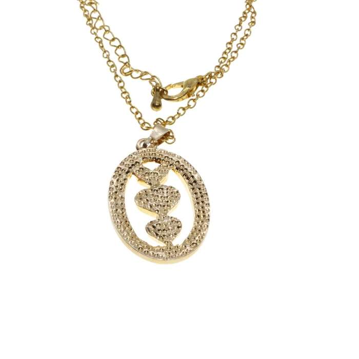 Necklace - Gold Tone Dainty Fashion Necklace. Oval Pendant with 3 Hearts - ML3125