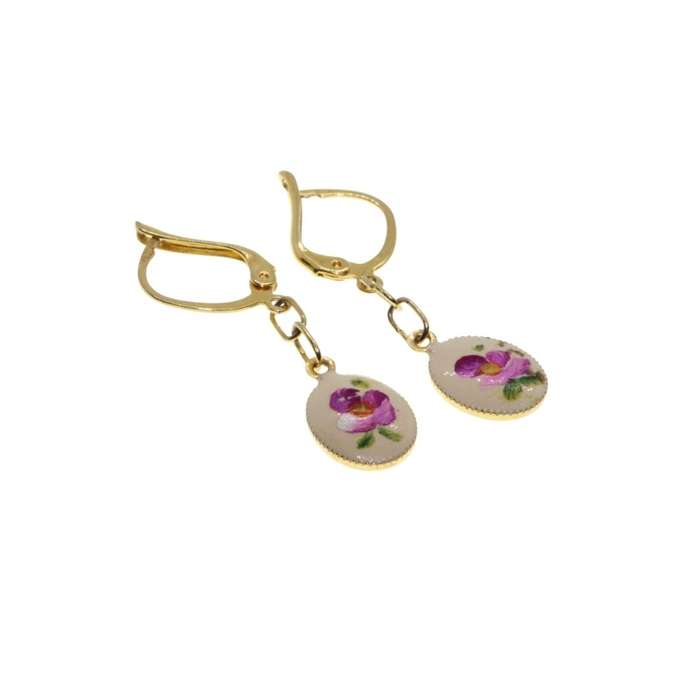 Earrings - Gold Tone Petite Fleur Marked Earrings. Intricate Enamel Hand Painted Flowers - ML3130