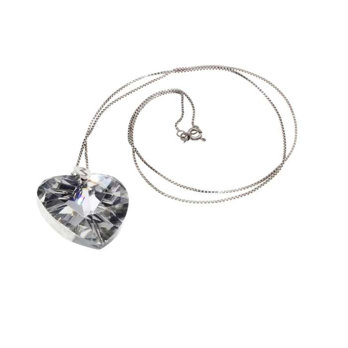 Necklace - 925 Silver Dainty Chain with Beautiful Large Shiny Crystal Heart Pendant - ML3131