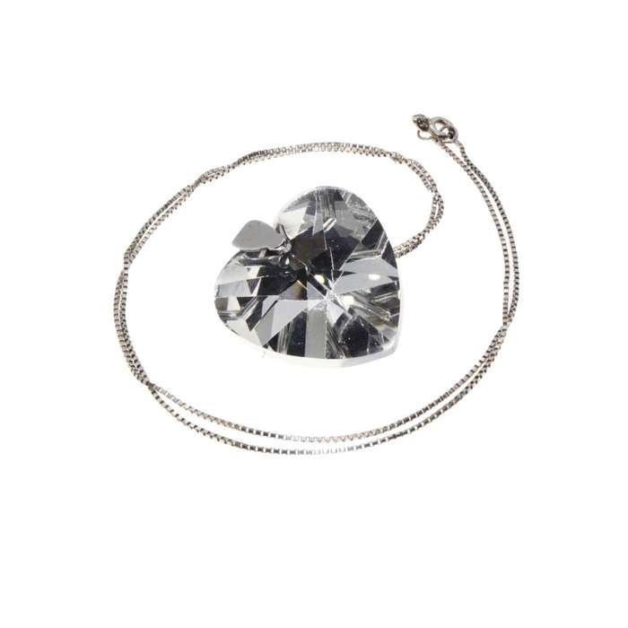 Necklace - 925 Silver Dainty Chain with Beautiful Large Shiny Crystal Heart Pendant - ML3131