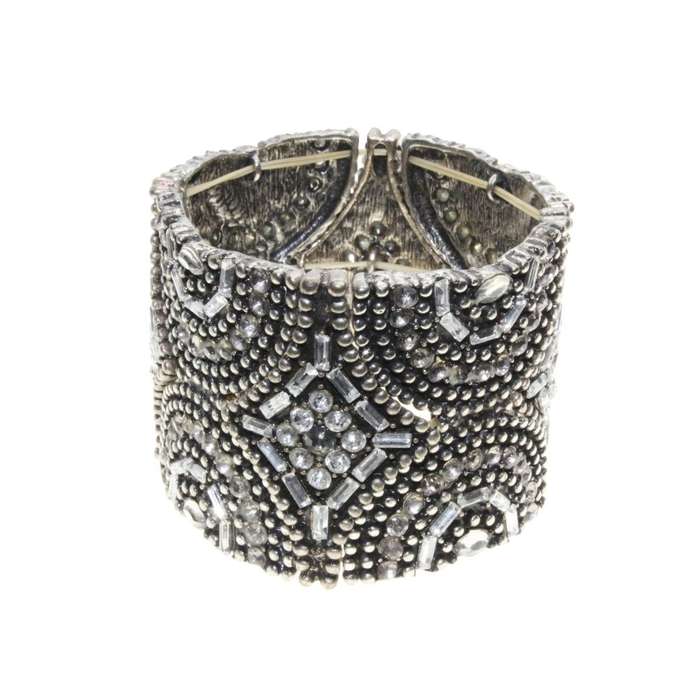 Bracelet - Silver Tone Chunky Adjustable Bracelet surrounded by Detailed Design & Diamantes - ML3135