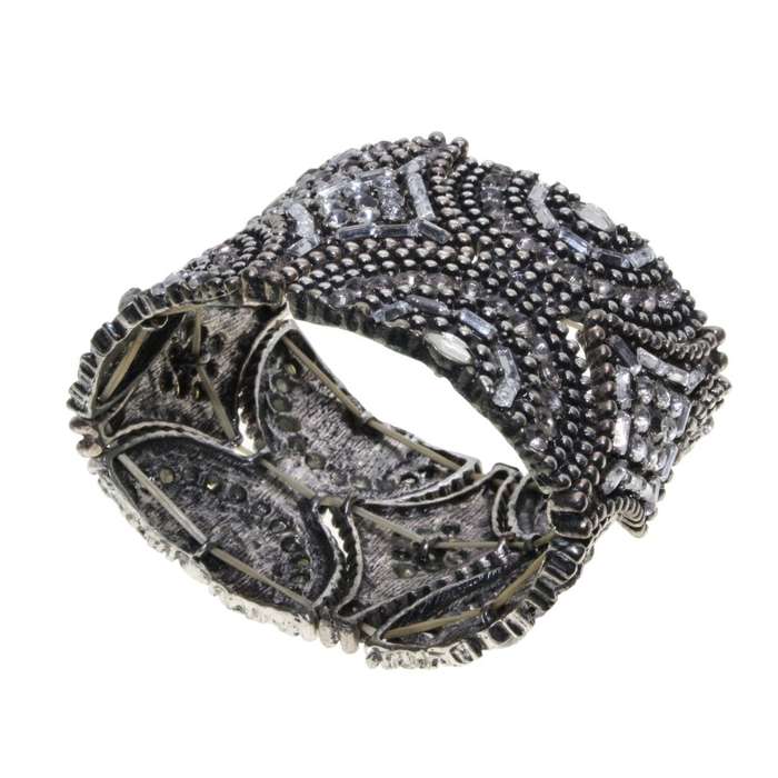 Bracelet - Silver Tone Chunky Adjustable Bracelet surrounded by Detailed Design & Diamantes - ML3135