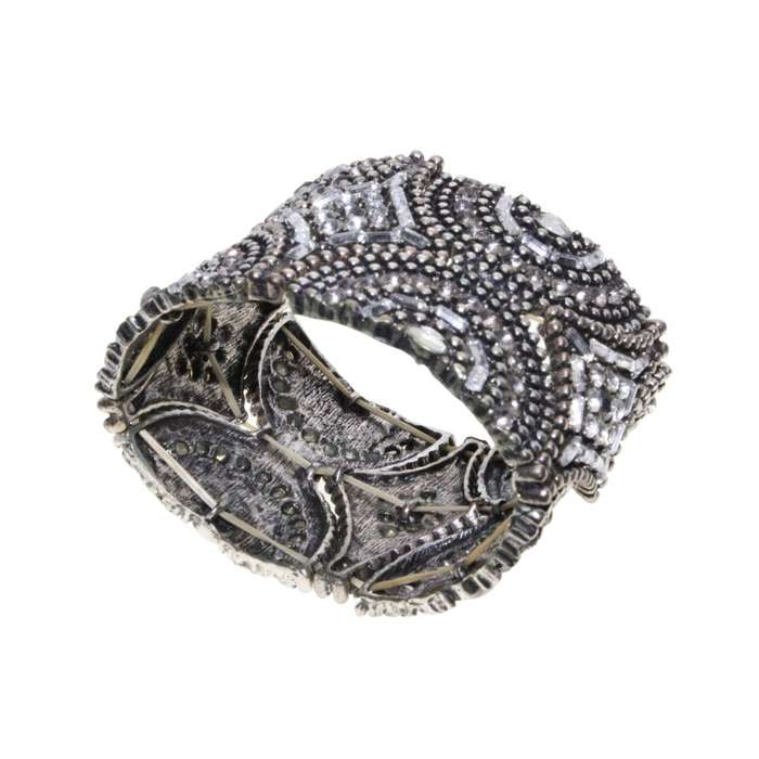 Bracelet - Silver Tone Chunky Adjustable Bracelet surrounded by Detailed Design & Diamantes - ML3135
