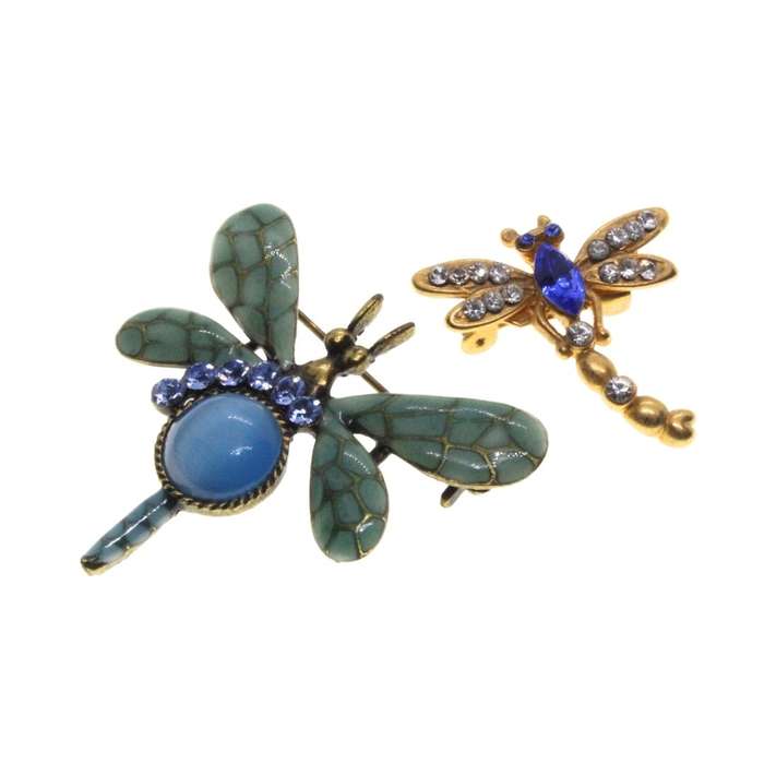 Brooch - 2 x Gold Tone Intricate Detailed Dragonfly Brooches. Blue & Clear Diamantes - ML3136