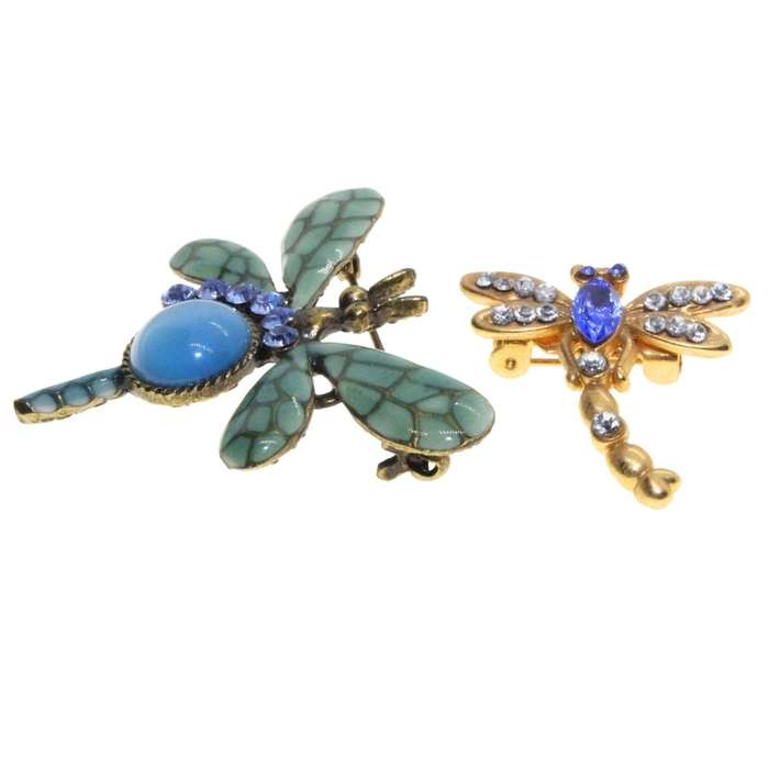 Brooch - 2 x Gold Tone Intricate Detailed Dragonfly Brooches. Blue & Clear Diamantes - ML3136