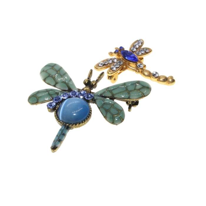 Brooch - 2 x Gold Tone Intricate Detailed Dragonfly Brooches. Blue & Clear Diamantes - ML3136