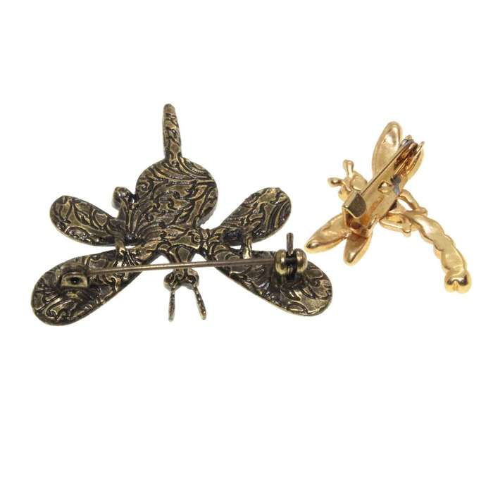 Brooch - 2 x Gold Tone Intricate Detailed Dragonfly Brooches. Blue & Clear Diamantes - ML3136