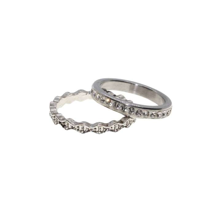 Ring - 2 x Silver Tone Dainty Detailed Bands. One Textured & Other Surrounded by Diamantes - ML3137