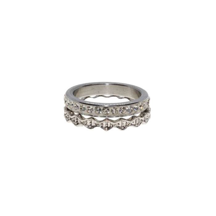 Ring - 2 x Silver Tone Dainty Detailed Bands. One Textured & Other Surrounded by Diamantes - ML3137