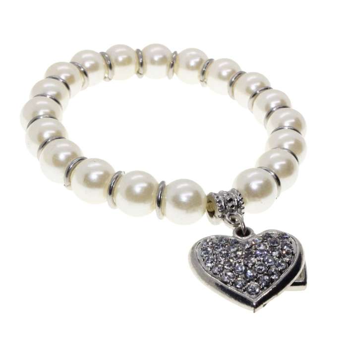 Bracelet - Silver Tone Faux Pearl Bracelet. Silver Tone Heart Pendant covered in Diamantes - ML3142