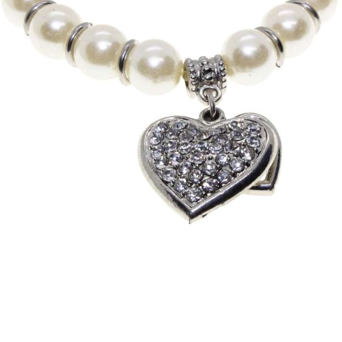 Bracelet - Silver Tone Faux Pearl Bracelet. Silver Tone Heart Pendant covered in Diamantes - ML3142