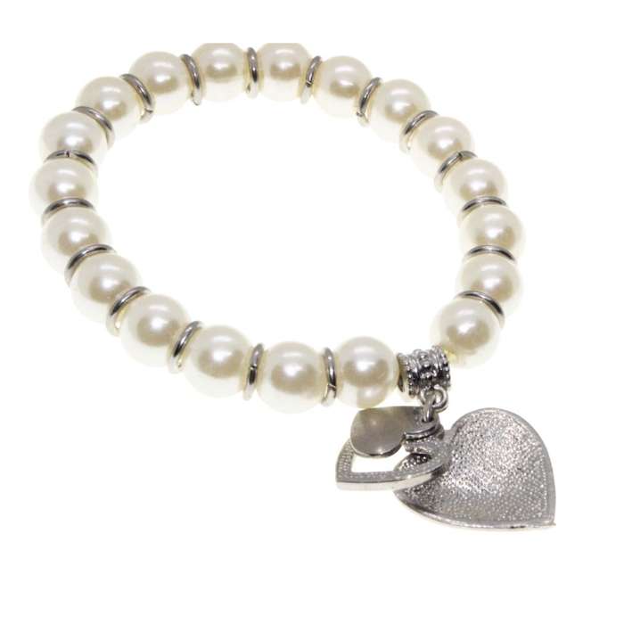 Bracelet - Silver Tone Faux Pearl Bracelet. Silver Tone Heart Pendant covered in Diamantes - ML3142